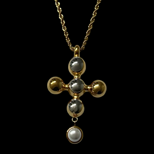 TWO TONED PEARL CROSS NECKLACE